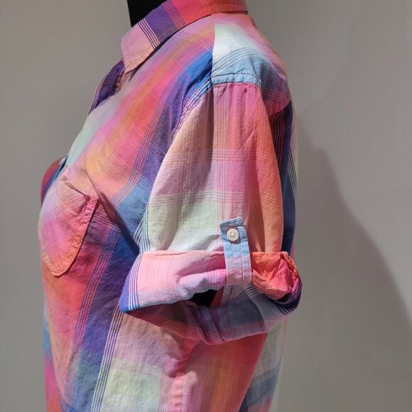 American Eagle Multicolor Plaid Short Sleeve Button Down Blouse Size Medium - Picture 2 of 15